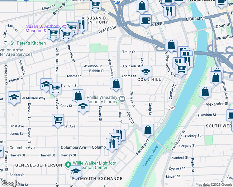map of restaurants, bars, coffee shops, grocery stores, and more near 215 Tremont Street in Rochester