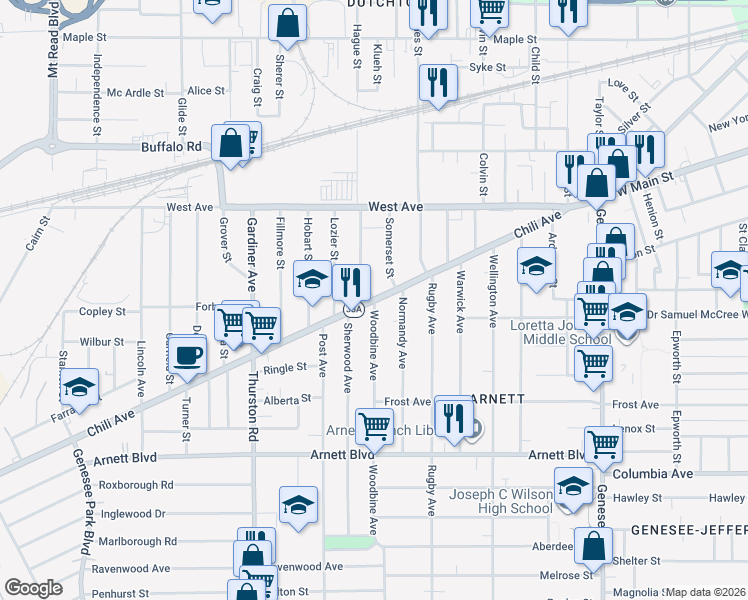 map of restaurants, bars, coffee shops, grocery stores, and more near Chili Ave & Woodbine Ave in Rochester