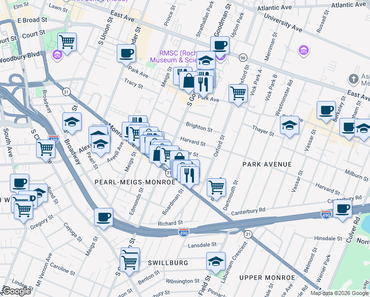 map of restaurants, bars, coffee shops, grocery stores, and more near 38 Harper Street in Rochester