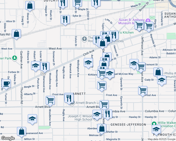 map of restaurants, bars, coffee shops, grocery stores, and more near 88 Kirkland Road in Rochester