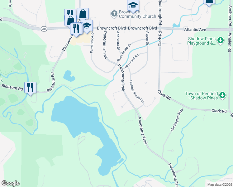 map of restaurants, bars, coffee shops, grocery stores, and more near 15 Canyon Trail in Rochester