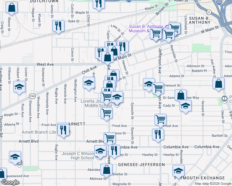 map of restaurants, bars, coffee shops, grocery stores, and more near 138 Genesee Street in Rochester