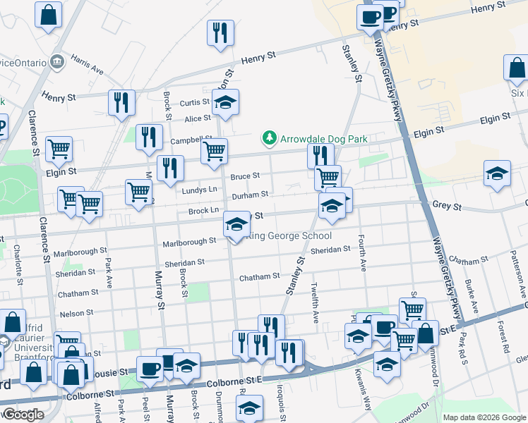 map of restaurants, bars, coffee shops, grocery stores, and more near 264 Grey Street in Brantford