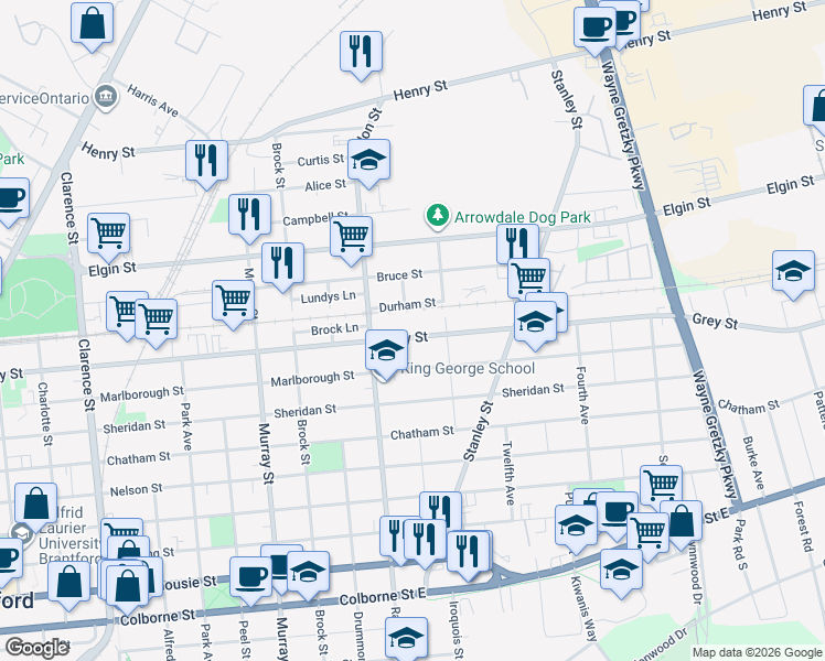 map of restaurants, bars, coffee shops, grocery stores, and more near 264 Grey Street in Brantford