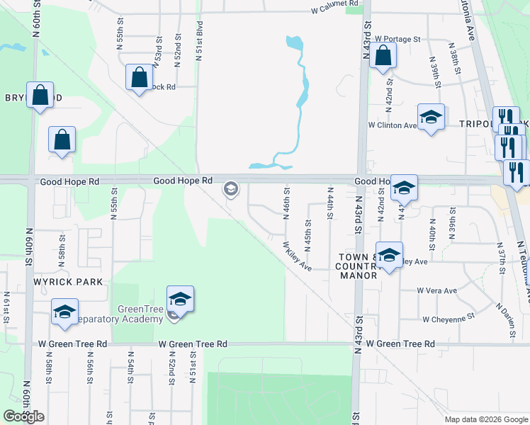 map of restaurants, bars, coffee shops, grocery stores, and more near 7140 North 48th Street in Milwaukee