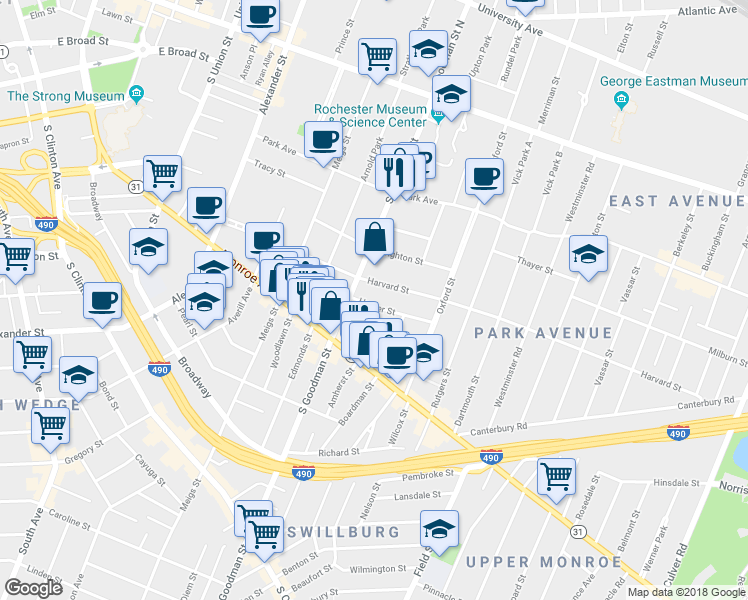 map of restaurants, bars, coffee shops, grocery stores, and more near 34 Harper Street in Rochester
