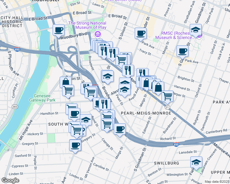 map of restaurants, bars, coffee shops, grocery stores, and more near Alexander Street & Pearl Street in Rochester
