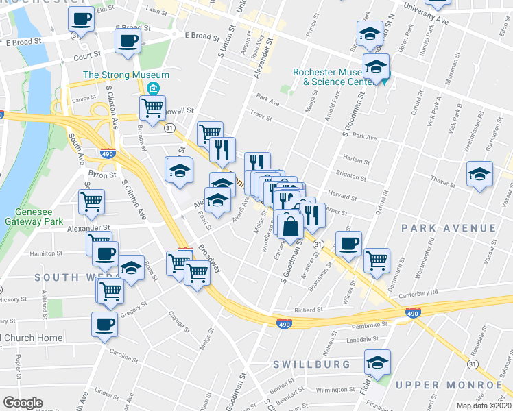 map of restaurants, bars, coffee shops, grocery stores, and more near 431 Monroe Avenue in Rochester