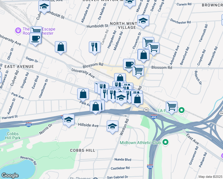 map of restaurants, bars, coffee shops, grocery stores, and more near 1645 University Avenue in Rochester