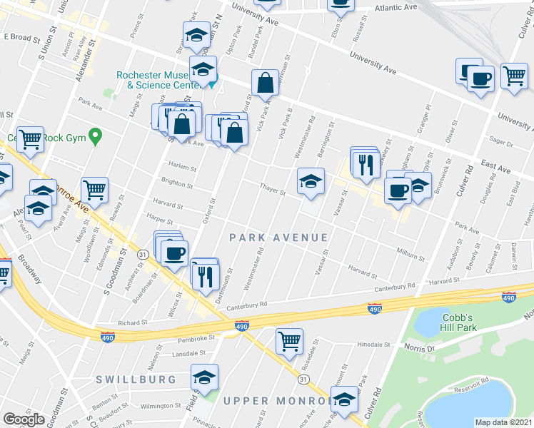 map of restaurants, bars, coffee shops, grocery stores, and more near 84 Dartmouth Street in Rochester
