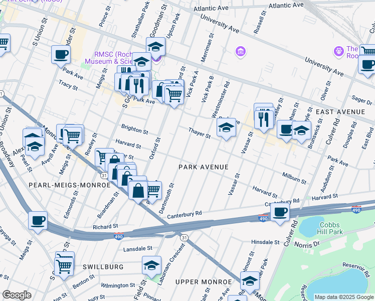 map of restaurants, bars, coffee shops, grocery stores, and more near 84 Dartmouth Street in Rochester