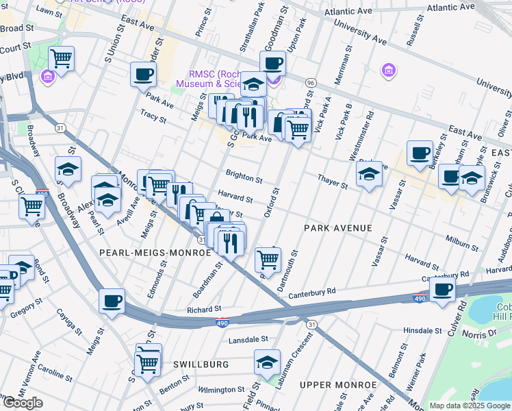 map of restaurants, bars, coffee shops, grocery stores, and more near 168 Harvard Street in Rochester
