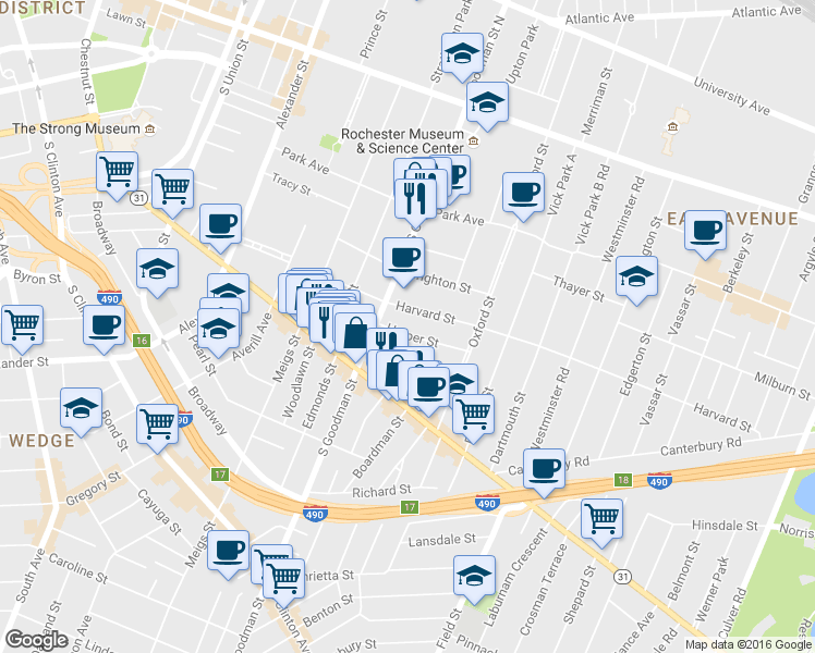 map of restaurants, bars, coffee shops, grocery stores, and more near in Rochester