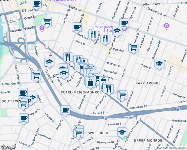 map of restaurants, bars, coffee shops, grocery stores, and more near 55 Rowley Street in Rochester