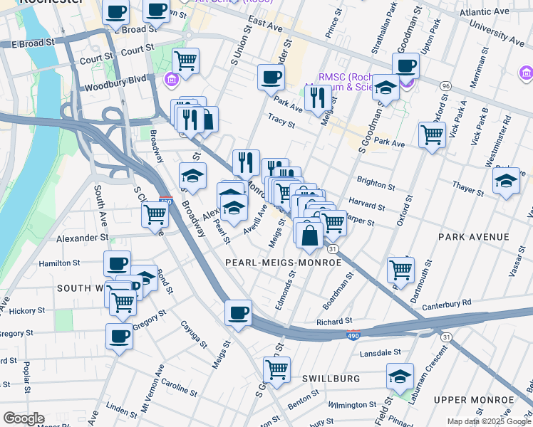 map of restaurants, bars, coffee shops, grocery stores, and more near in Rochester