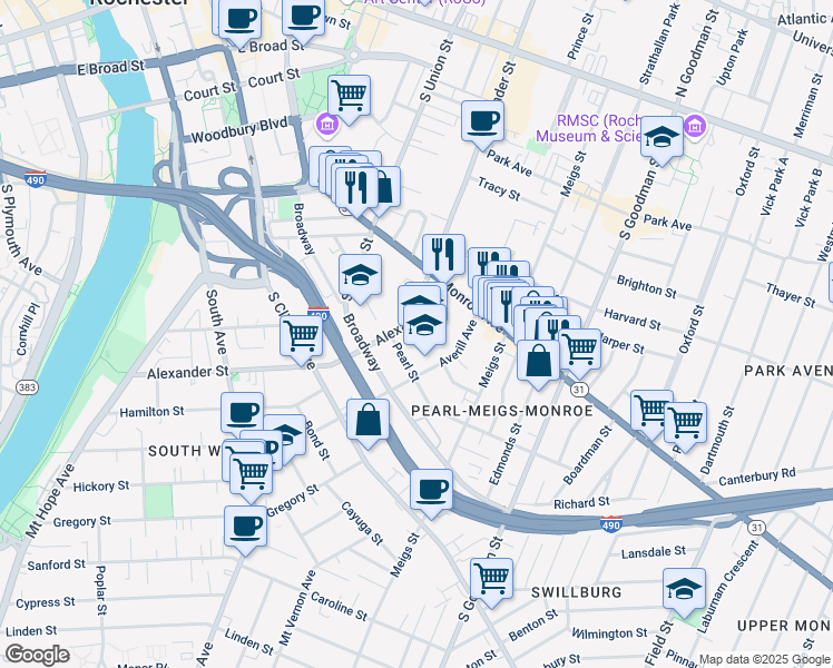 map of restaurants, bars, coffee shops, grocery stores, and more near 172 Alexander Street in Rochester