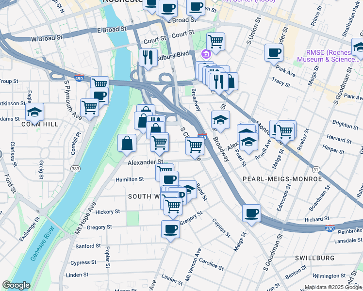 map of restaurants, bars, coffee shops, grocery stores, and more near 124 1/2 Comfort Street in Rochester