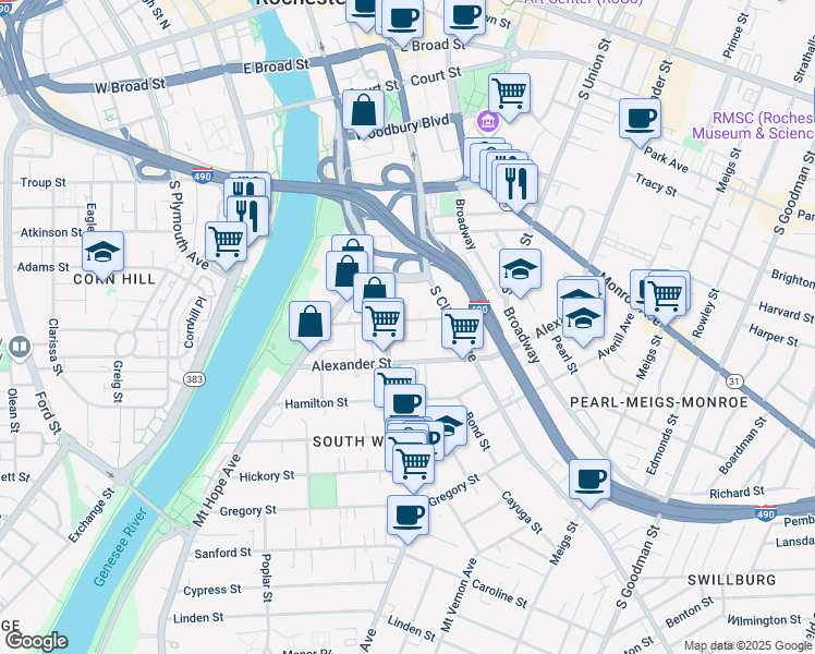 map of restaurants, bars, coffee shops, grocery stores, and more near 436 South Avenue in Rochester