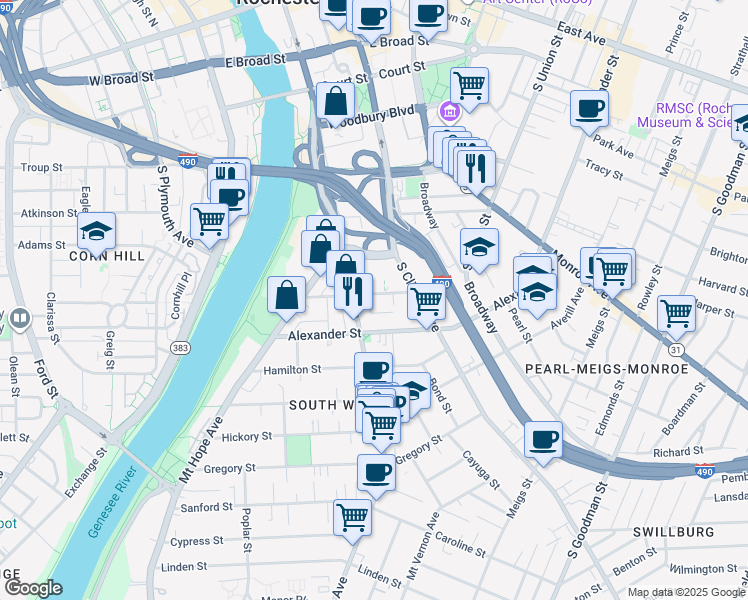 map of restaurants, bars, coffee shops, grocery stores, and more near 436 South Avenue in Rochester