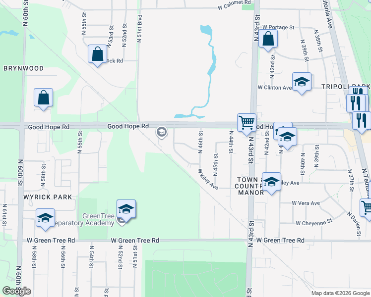 map of restaurants, bars, coffee shops, grocery stores, and more near 7140 North 48th Street in Milwaukee