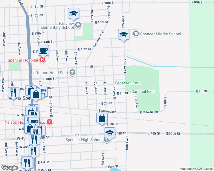 map of restaurants, bars, coffee shops, grocery stores, and more near 821 East 9th Street in Spencer
