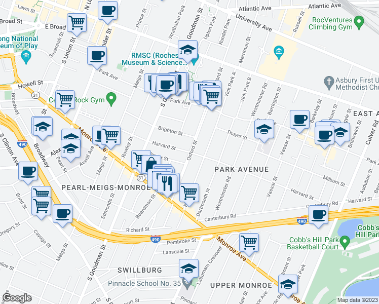 map of restaurants, bars, coffee shops, grocery stores, and more near Harvard Street & Oxford Street in Rochester