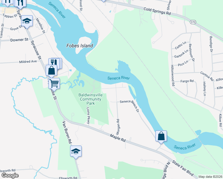 map of restaurants, bars, coffee shops, grocery stores, and more near 208 Seneca Avenue in Baldwinsville