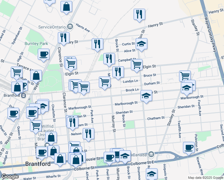 map of restaurants, bars, coffee shops, grocery stores, and more near 285 Murray Street in Brantford