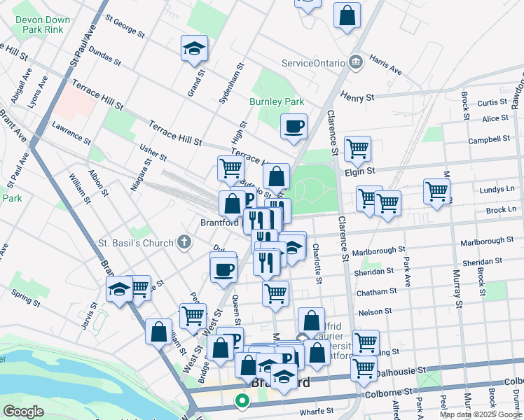 map of restaurants, bars, coffee shops, grocery stores, and more near 7 Usher Street in Brantford