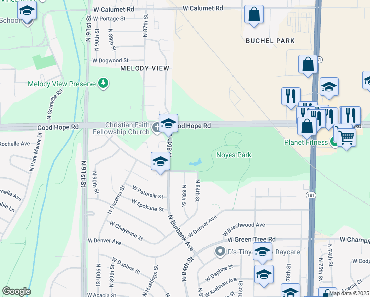 map of restaurants, bars, coffee shops, grocery stores, and more near 7100 North 86th Street in Milwaukee