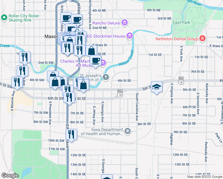 map of restaurants, bars, coffee shops, grocery stores, and more near 301 5th Street Southeast in Mason City