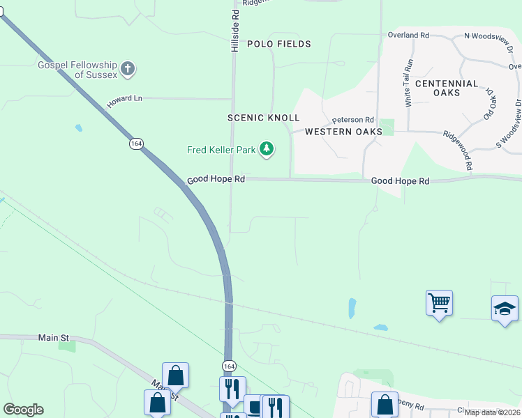 map of restaurants, bars, coffee shops, grocery stores, and more near N71W24906 Wildwood Way in Sussex