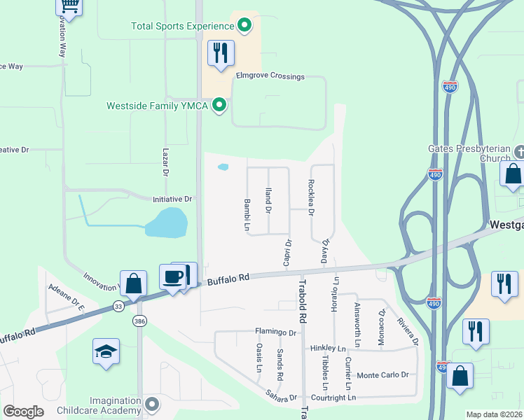 map of restaurants, bars, coffee shops, grocery stores, and more near 15 Iland Drive in Rochester