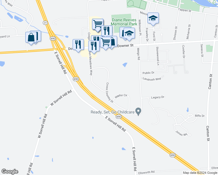 map of restaurants, bars, coffee shops, grocery stores, and more near 41 Cross Country Drive in Baldwinsville