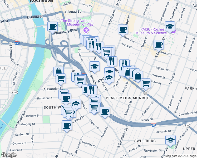map of restaurants, bars, coffee shops, grocery stores, and more near 165 Alexander Street in Rochester