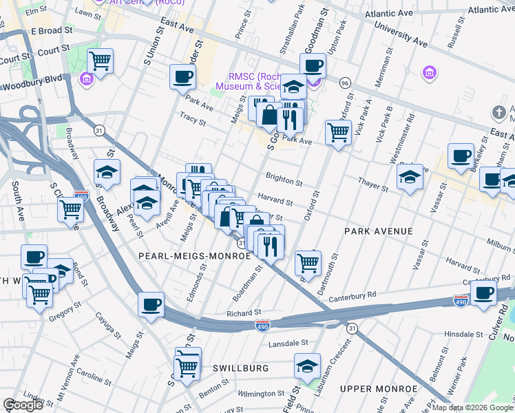 map of restaurants, bars, coffee shops, grocery stores, and more near 22 Harper Street in Rochester