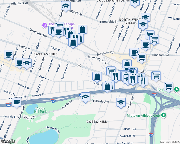 map of restaurants, bars, coffee shops, grocery stores, and more near 1515 East Avenue in Rochester