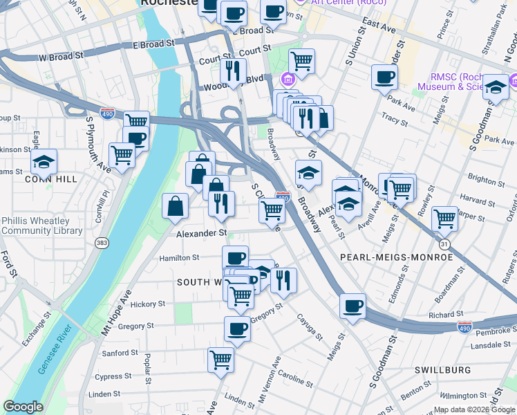 map of restaurants, bars, coffee shops, grocery stores, and more near 161 Comfort Street in Rochester