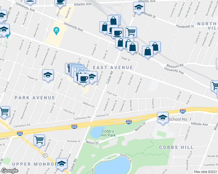 map of restaurants, bars, coffee shops, grocery stores, and more near 250 Culver Road in Rochester