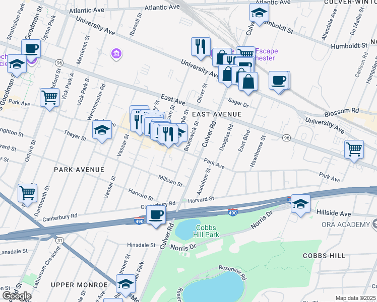 map of restaurants, bars, coffee shops, grocery stores, and more near 106 Brunswick Street in Rochester