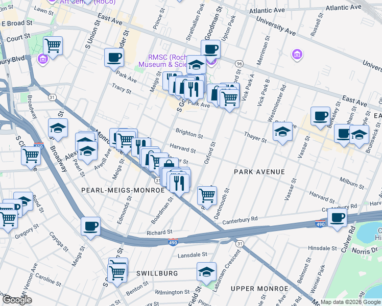 map of restaurants, bars, coffee shops, grocery stores, and more near 168 Harvard Street in Rochester
