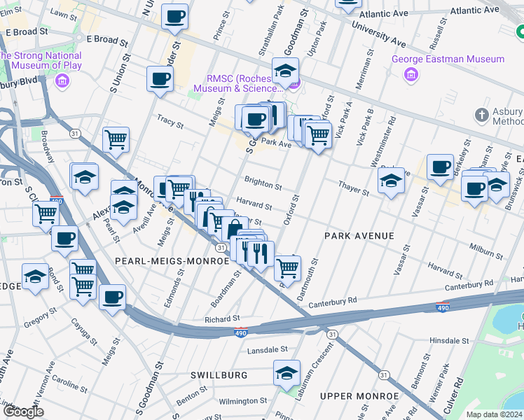 map of restaurants, bars, coffee shops, grocery stores, and more near 168 Harvard Street in Rochester