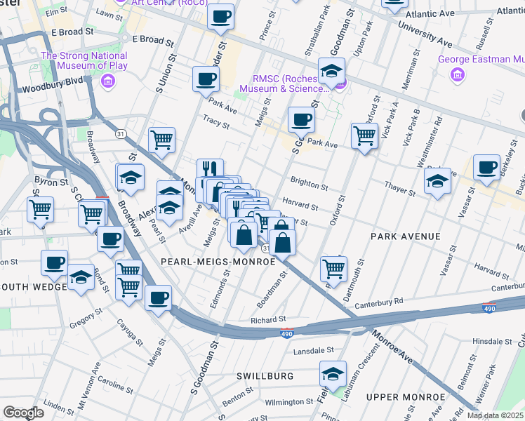 map of restaurants, bars, coffee shops, grocery stores, and more near 315 South Goodman Street in Rochester