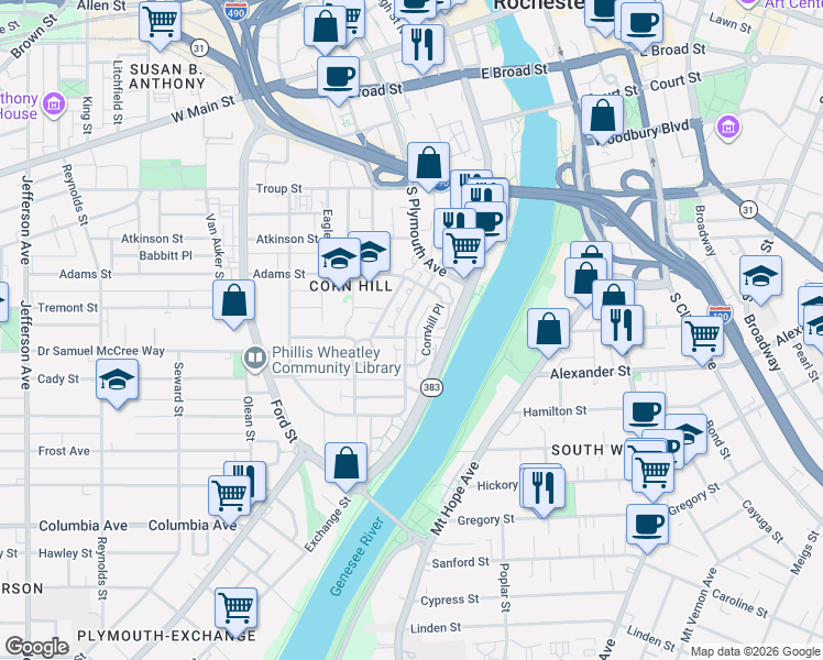 map of restaurants, bars, coffee shops, grocery stores, and more near 235 South Fitzhugh Street in Rochester