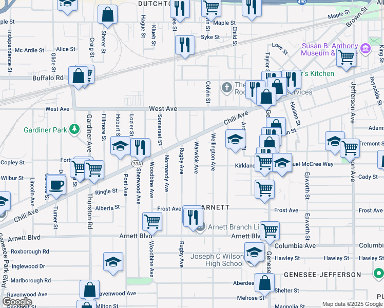 map of restaurants, bars, coffee shops, grocery stores, and more near 20 Rugby Avenue in Rochester