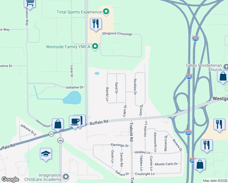 map of restaurants, bars, coffee shops, grocery stores, and more near 15 Iland Drive in Rochester