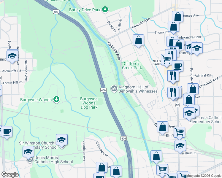 map of restaurants, bars, coffee shops, grocery stores, and more near 12 Disher Street West in St. Catharines