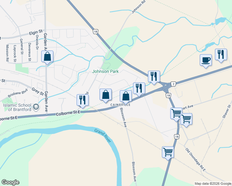 map of restaurants, bars, coffee shops, grocery stores, and more near in Brantford