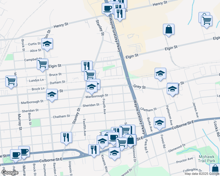map of restaurants, bars, coffee shops, grocery stores, and more near 380 Grey Street in Brantford