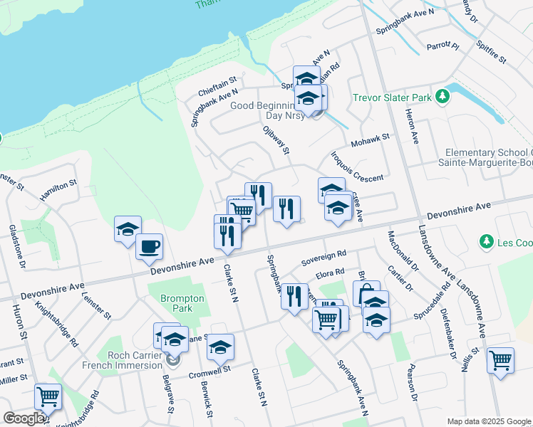 map of restaurants, bars, coffee shops, grocery stores, and more near in Woodstock